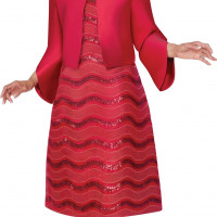 DCC Fuchsia Wave Red Sequin Lace Church Dress with Satin Bell Sleeve Bolero Jacket and Brooch Accent