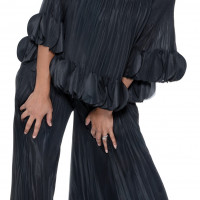 Casuals Size L Black Color Statement Pleated Top and Palazzo Pant Duo with Circle Ruffle Detail and Artistic Textured Finish