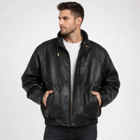 Genuine Leather Bomber Jacket for Men Full Zipper Lined Black Medium
