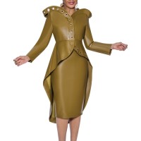 Dcc Olive Majesty Asymmetric High-Low Peplum Church Skirt Suit with Statement Grommet Trim