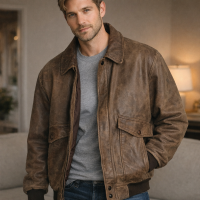 Expedition Mens Brown Genuine Leather Bomber Jacket Size L Vintage Classic Outer