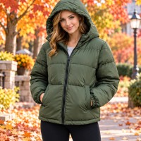 Puffer Bomber Jacket Womens Green Hooded Full Zip Warm Winter Coat Lightweight