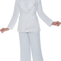 Divine White Dorinda Clark Cole DCC Rose Collect Rhinestone Embellished Two-Piece Women's Pant Suit