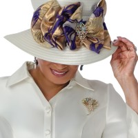 DCC Wide-Brim Church Hat with Gold and Purple Floral Bow Trim - Elegant Statement Headpiece