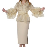 DCC Gold 3PC Church Skirt Set with Organza Ruffle Sleeve Jacket Belted Waist and Pencil Skirt