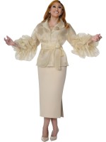 DCC Gold 3PC Church Skirt Set with Organza Ruffle Sleeve Jacket Belted Waist and Pencil Skirt