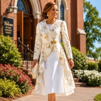 White Gold Church Suit Dress Floral Embroidered Jacket Formal Occasion Set