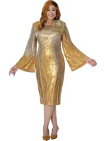 DCC Elegant Gold Sequin Midi Church Dress with Flared Bell Sleeves and Floral Shoulder Accent
