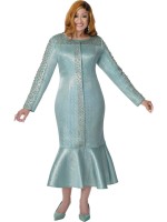 DCC Sea Green Long Sleeve Church Dress with Pearl Embellishments and Modest Formal Fit