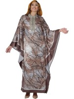 DCC Plus Size Brown White Elegant Leaf Print Kaftan with Flowing Silhouette and Contrast Trim