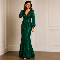 Green Sequin Maxi Dress Womens Medium Deep V Mermaid Evening Gown