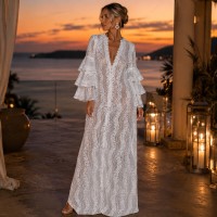White Sequin Lace Maxi Dress Sheer Resort Glam Evening Gown Large