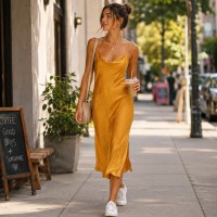 Gold Satin Midi Dress Womens Small Spaghetti Strap Casual Chic Dress