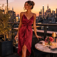 Burgundy Satin Wrap Dress Womens Spaghetti Strap Tulip Hi Lo Dress Small