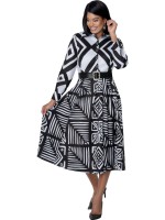 Nubiano Plus Size Black and White Printed Church Dress with Belt and Stylish Flared Skirt