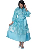 Nubiano Plus Size Aqua Blue Floral Appliqué Belted Midi Church Dress with Sheer Overlay