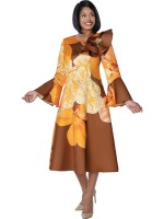 Elegant Multicolor Floral Print Midi Church Dress with Bell Sleeve & Brooch Detail