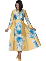Yellow and Blue Floral Print Modest Church Dress with Midi Silhouette & Long Sleeve