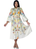 Women’s Plus Size Floral Multicolor Modest Church Dress with Belt and Long Sleeves