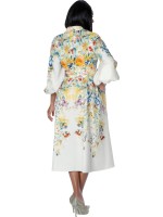 Women’s A-Line Floral Multicolor Modest Church Dress with Belt and Long Sleeves