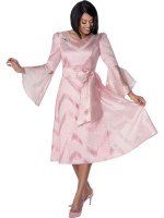 Plus Size Pink A-Line Church Dress with Bell Sleeves and flattering Belted Waist