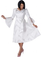 Elegant White A-Line Midi Church Dress with Bell Sleeves and flattering Belted Waist
