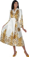 Plus Size A-Line White and Gold Dress with Artistic Floral Pattern and Modest Fit