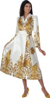 Elegant A-Line White and Gold Dress with Artistic Floral Pattern and Modest Fit