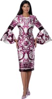Elegant Purple White Floral Print Church Dress with Flare Sleeves & fitted silhouette