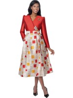 Plus Size Burgundy & Gold Midi Church Dress with Printed Skirt & Bow Waist Detail
