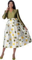 Plus Size Olive & Gold Midi Church Dress with Printed Skirt and Bow Waist Detail