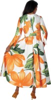 Plus Size Multi-Color Floral Print Church Dress with Belted Waist & Long Sleeves