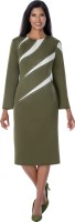 Plus Size Olive White Rhinestone Detail Long Sleeve Modest Knee-Length Church Dress