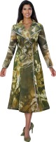 Plus Size Olive Multi Long Coat Printed Church Dress with Rhinestone Trim and Brooch