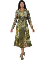 Women's Olive Multi Long Coat Printed Church Dress with Rhinestone Trim and Brooch
