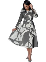 Women's Black & White Bell Sleeves Abstract Print Belted Fit-and-Flare Church Dress