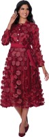 Plus Size Burgundy 3D Floral Appliqué Belted Church Dress with Rhinestone Buttons