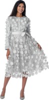 Women's Silver 3D Floral Appliqué Belted Church Midi Dress with Rhinestone Buttons