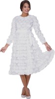 Women's White 3D Floral Appliqué Belted Church Midi Dress with Rhinestone Buttons