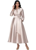Plus Size Champagne Satin Belted Shirtwaist Maxi Church Dress with Flared Skirt