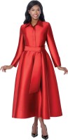 Plus Size Red Satin Belted Shirtwaist Maxi Church Dress with Flared Skirt