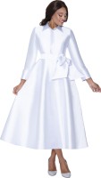 Plus Size White Satin Belted Shirtwaist Maxi Church Dress with Flared Skirt