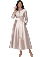 Women's Champagne Satin Belted Shirtwaist Maxi Church Dress with Flared Skirt