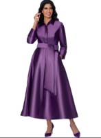 Women's Graceful Purple Satin Belted Shirtwaist Maxi Church Dress with Flared Skirt