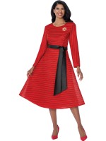 Red Pleated Church Dress with Black Satin Sash Waist Sash and Floral Brooch Detail