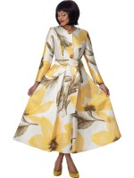 Multi Olive Floral Print Long Sleeve Belted Midi Church Dress with Gold Embellishments