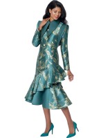 Women's Emerald Green Gold Foil Print Long Sleeve Ruffle Peplum Church Midi Dress