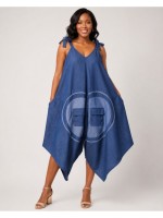 Women's Blue Denim Romper with Adjustable Tie Shoulders Wide Legs & Utility Pockets