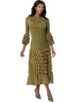 Casuals Olive Textured Ruffle Fit & Flare Church Midi Dress with Bubble Sleeves