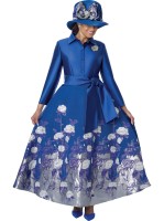 Royal Blue & Silver Floral Embroidered Church Dress with Sophisticated Satin Waist Bow